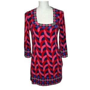 Boden Knit Square Neck Geometric Print Long Sleeve Pink Blue Mini Dress Size 8